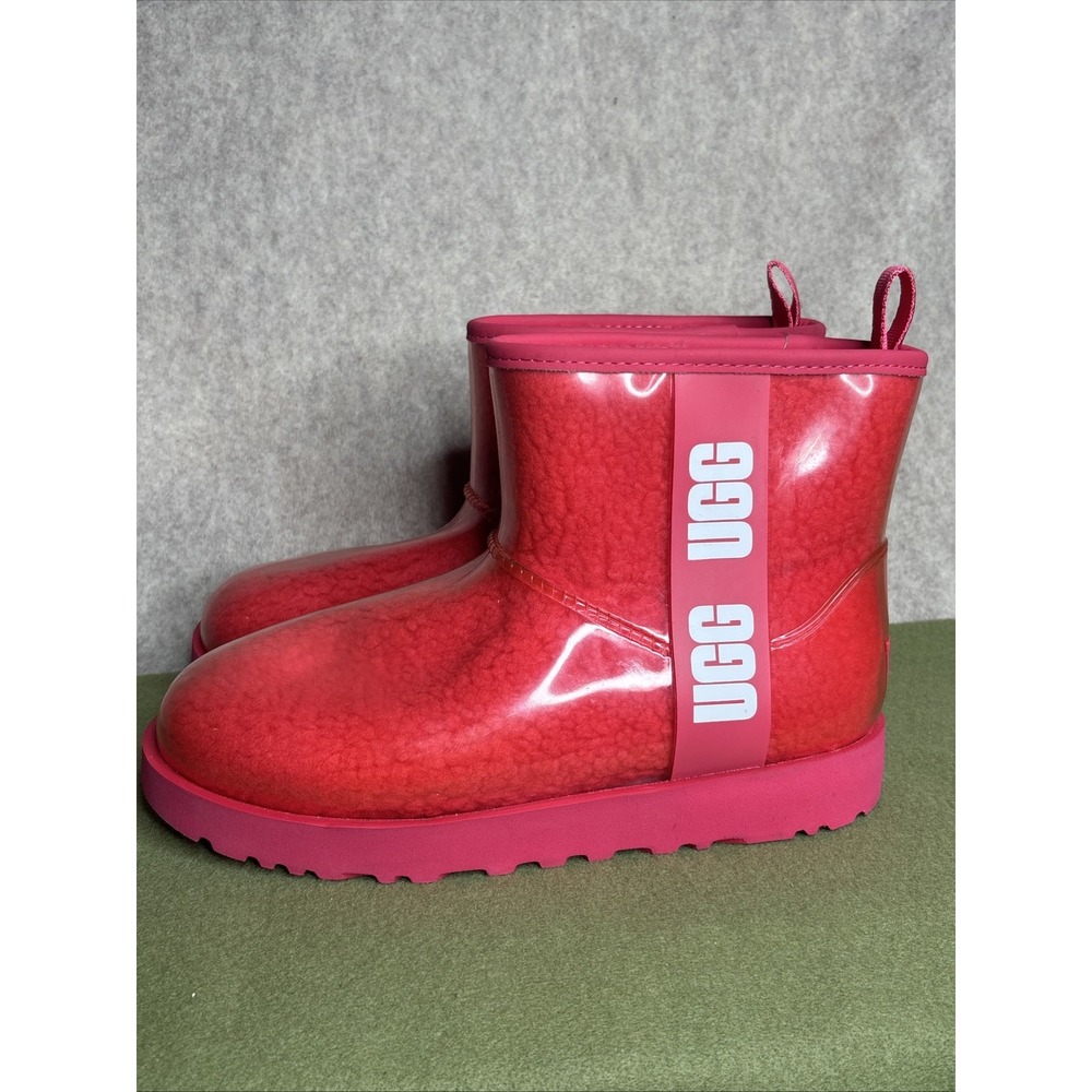 Ugg Classic Clear Mini Boots Red Clear Jelly Shearling Waterproof NWOT Size 8